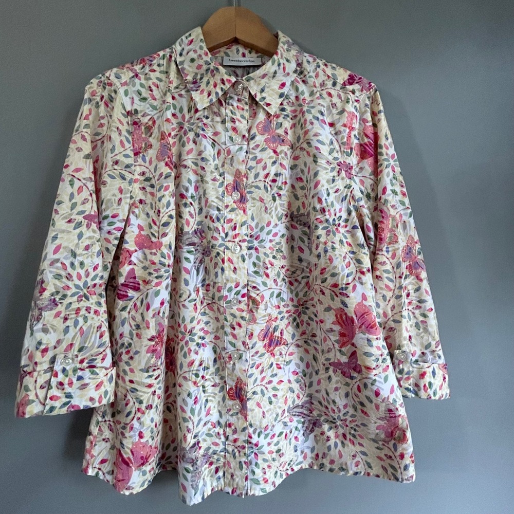 Breckenridge Womens L Butterfly Floral Leaf Print Button Down Blouse Pink Green